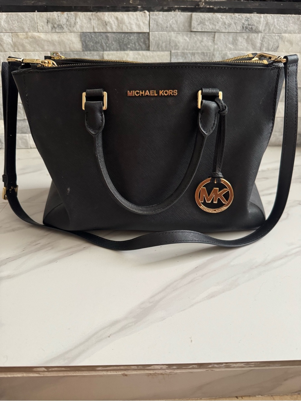 Michael Kors Black Saffiano Tote with Gold MK Charm